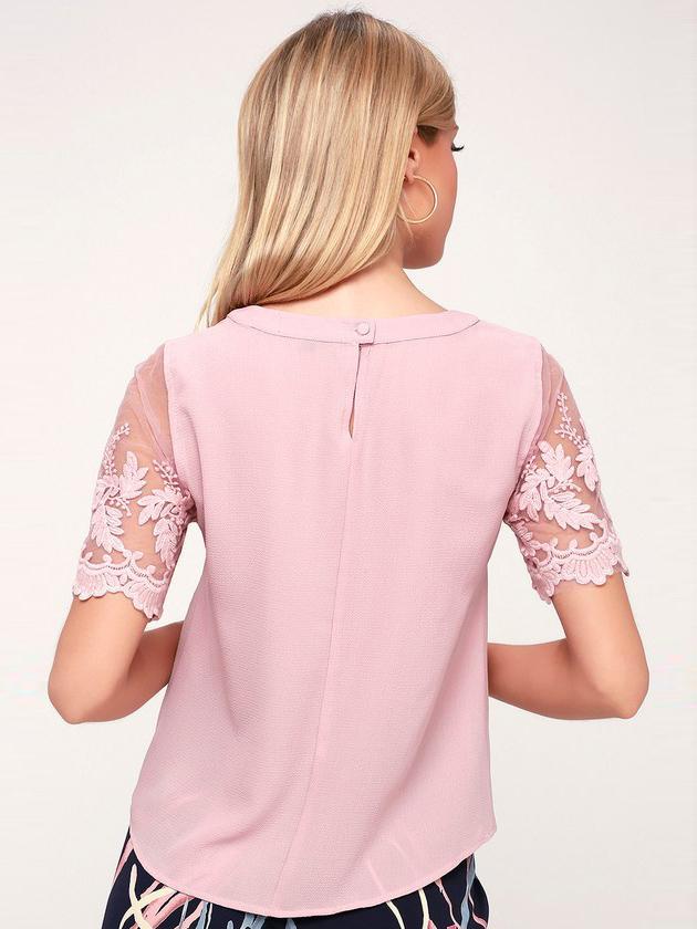 Pink Short Sleeve Floral Embroidered Office Lace Top - Landing Closet