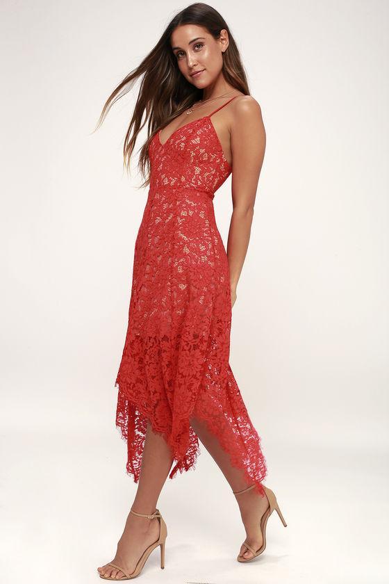 One Wish Lace Midi Dress Red