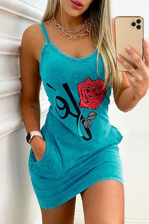 Scoop Neck Rose Printed Bodycon Cami Dress