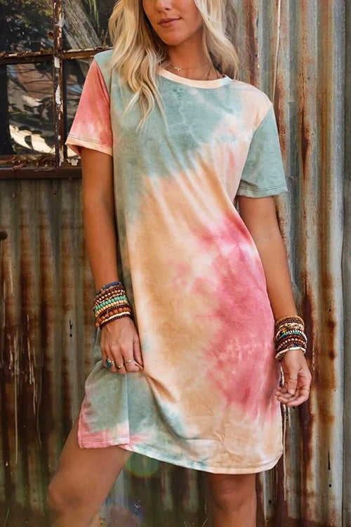 Short Sleeve Side Split Tie Dye T-shirt Dress