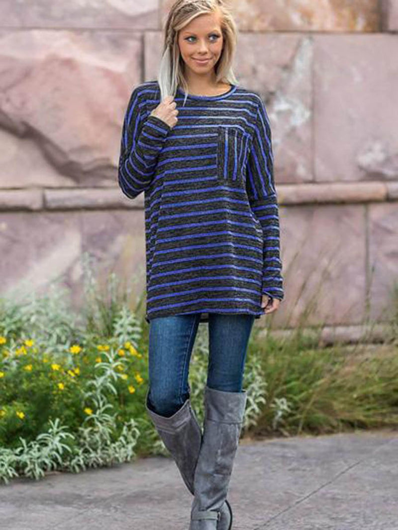 Long Sleeve Stripe Crew Neck Pocket T-shirt