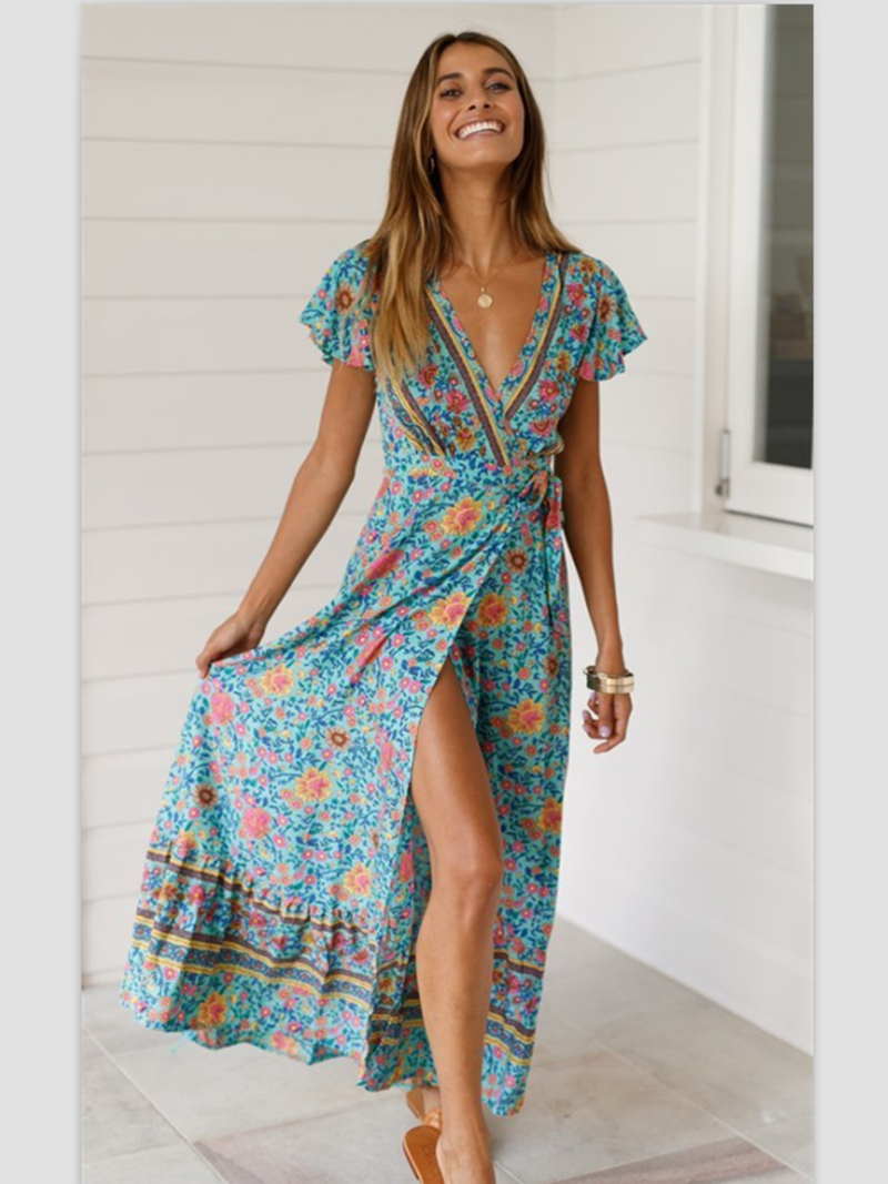 Floral V-neck Short Sleeve Maxi Dress