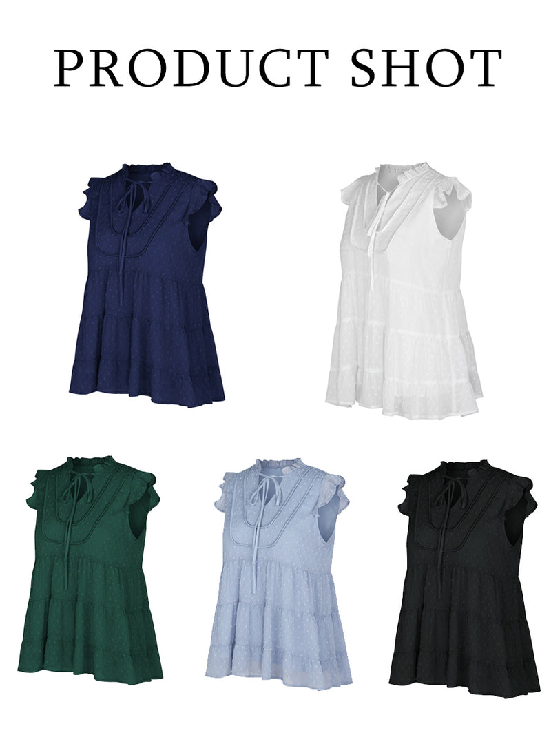 Ruffle Cap Sleeve V Neck Swiss Dot Tank Tops