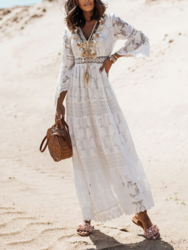 Casual Boho Floral Lace V-Neck High Waist Bohemian Maxi Dress