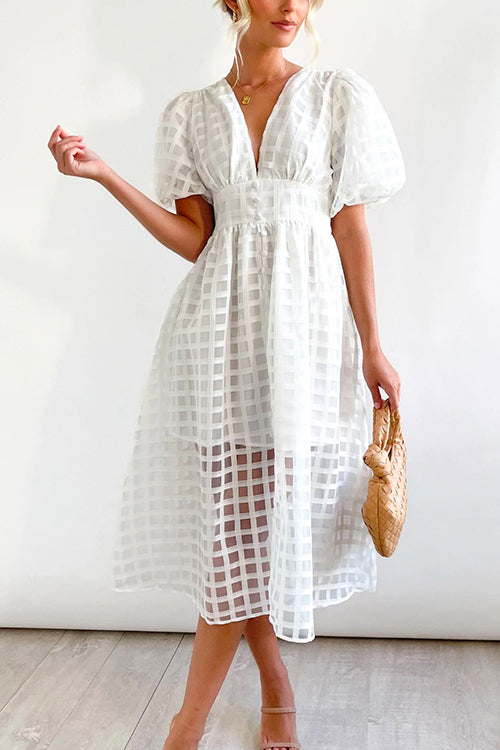 V Neck Lantern Sleeve Waisted A-line Dress