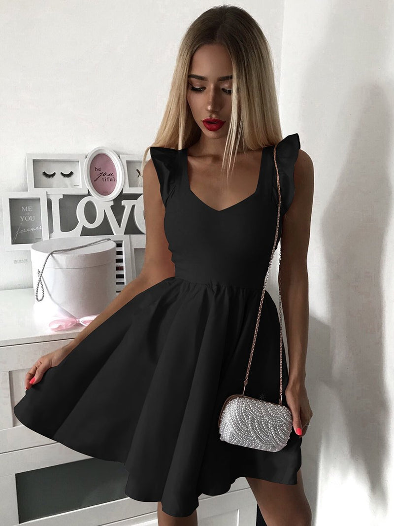 V-neck Sleeveless Bodycon Ruffle Pleated Mini Dress