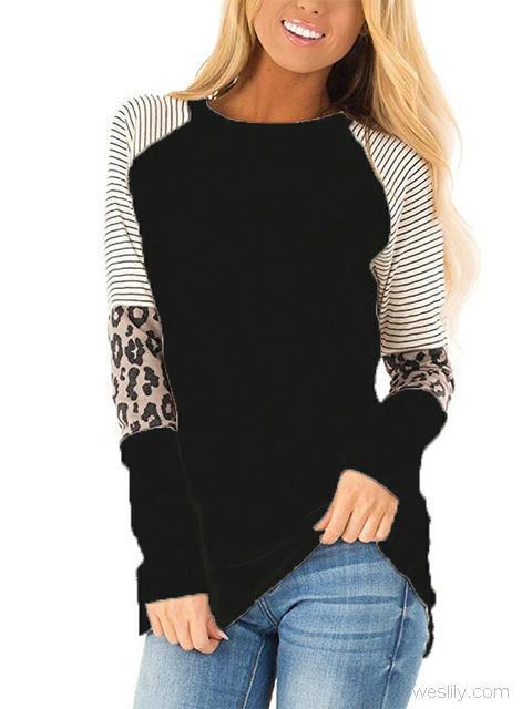 Long Sleeve Striped Leopard Stitching Tops