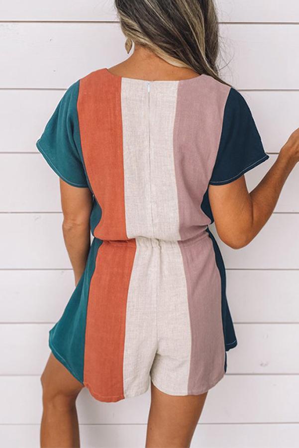 Linen Color Block Casual Romper