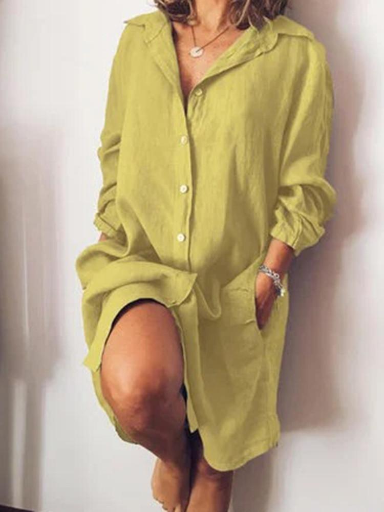 Solid Loose Pocket Button Shirt Dress