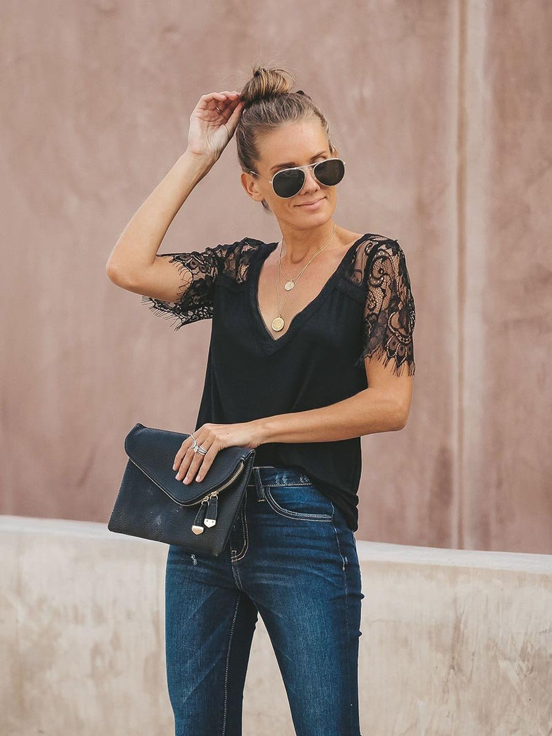 Sweet Side Lace Deep V-neck Top T-shirt