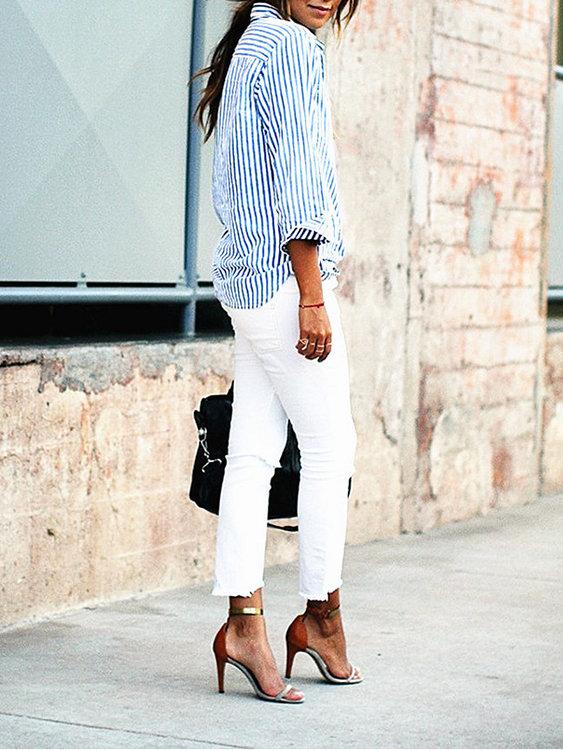 Blue Casual Striped Button-Down Shirt - Landing Closet