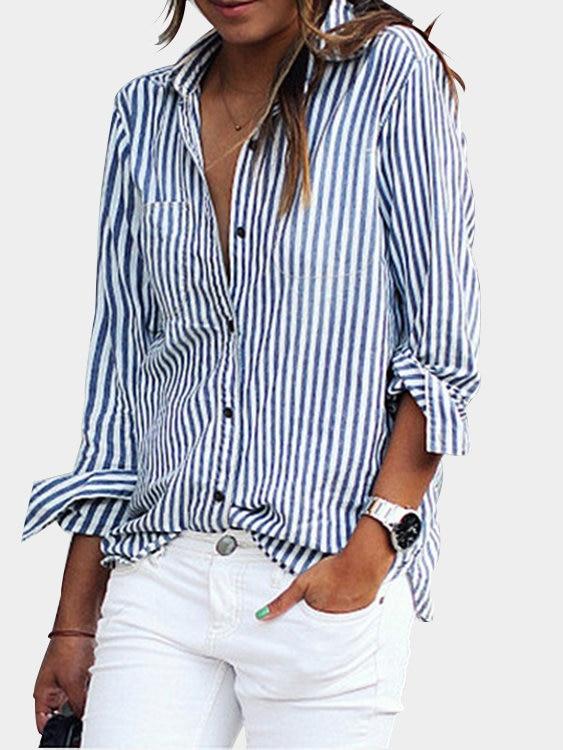 Blue Casual Striped Button-Down Shirt - Landing Closet