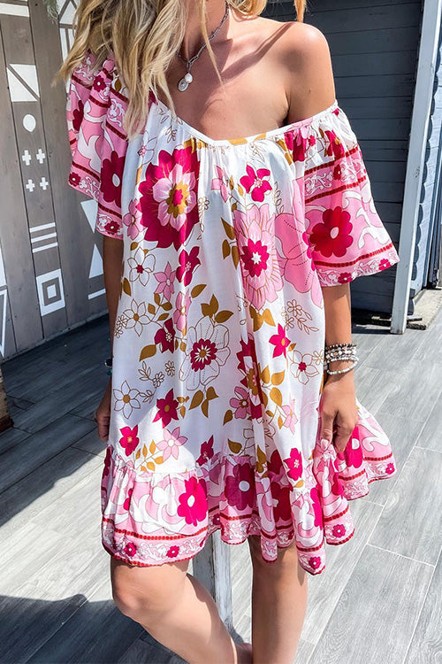 V Neck Flare Sleeve Floral Ruffle Swing Dress