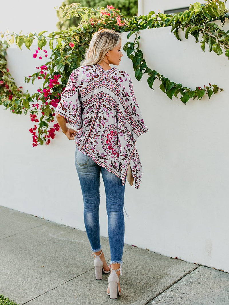 Floral Print Front Open Short Sleeve Cardigan - Landing Closet