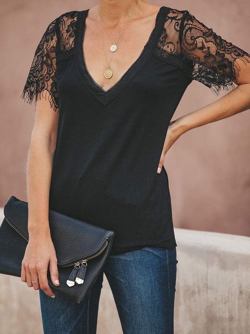 Sweet Side Lace Deep V-neck Top T-shirt