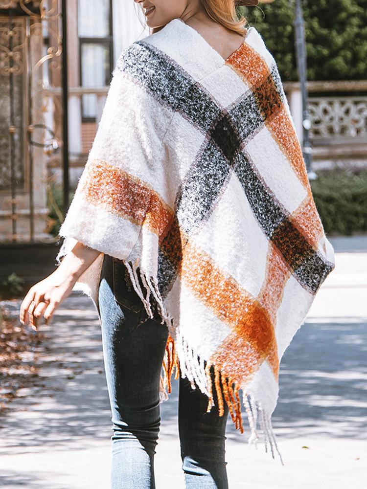 Fringe Hem Shawl Plaid Coat