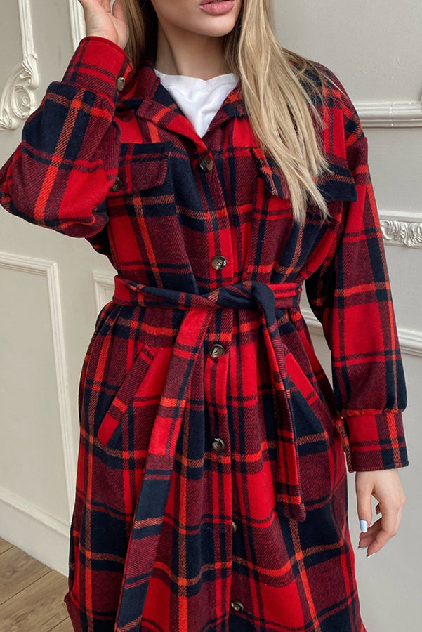 Warm on Up Belted Plaid Midi Coat