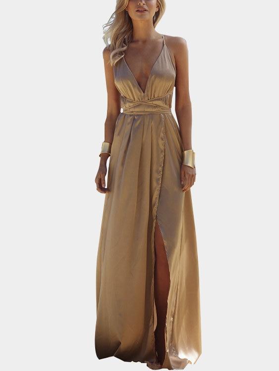 Light Brown Open Back Sleeveless Splited Hem Maxi Dress - Landing Closet