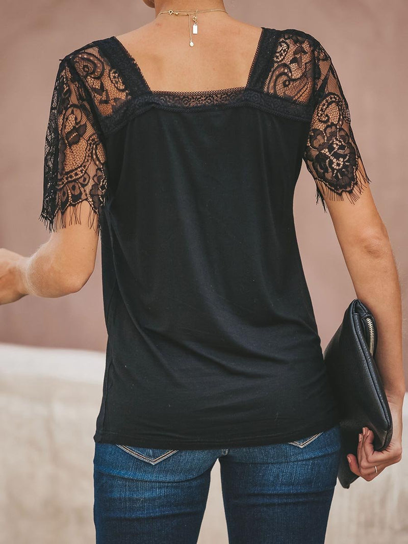 Sweet Side Lace Deep V-neck Top T-shirt