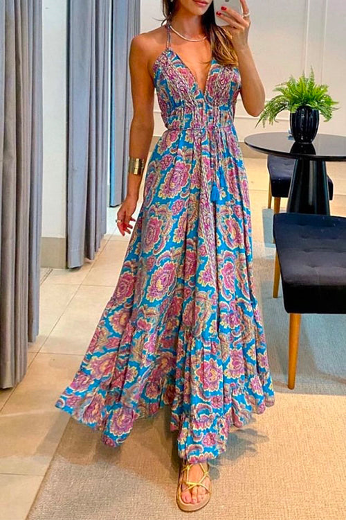 Deep V Neck Printed Ruffle Swing Maxi Holiday Cami Dress