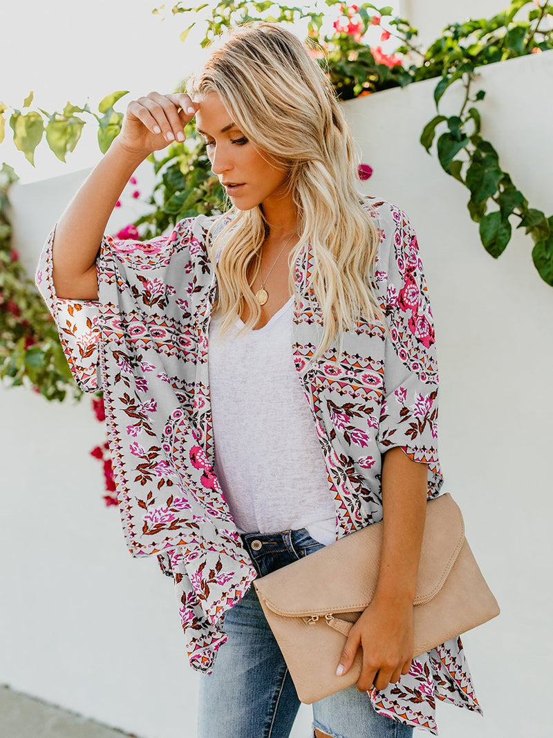 Floral Print Front Open Short Sleeve Cardigan - Landing Closet