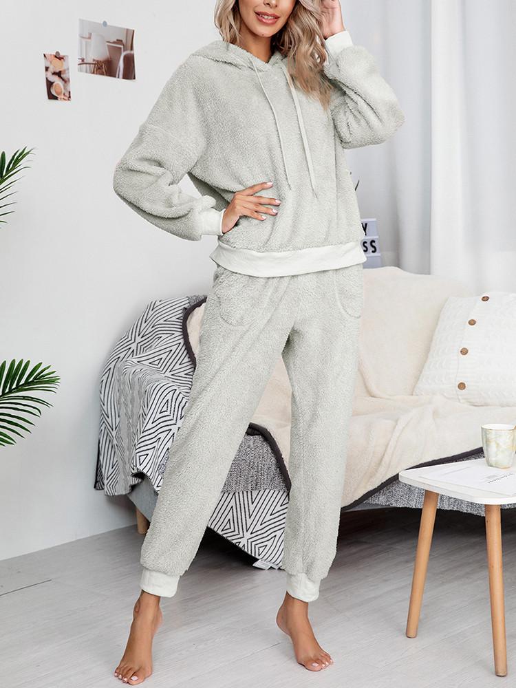 Plush Drawstring Homewear Pocket Hoodie Two-piece