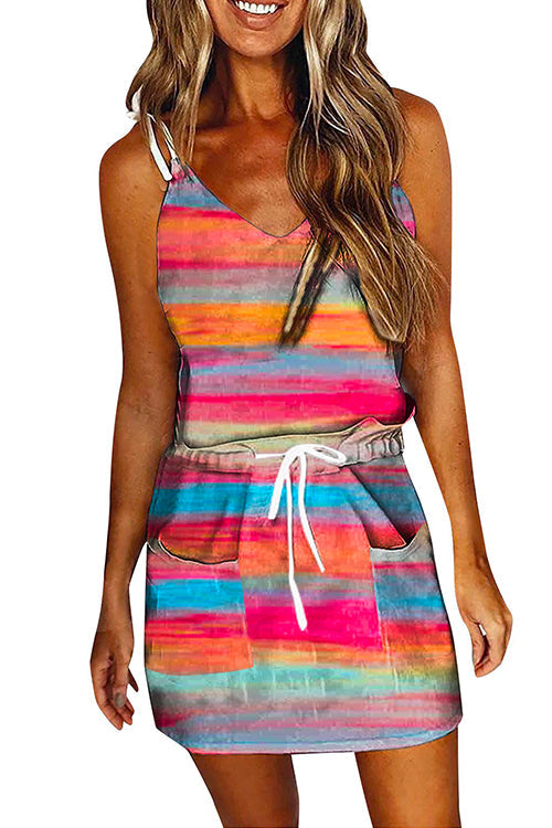 V Neck Tie Shoulder Drawstring Waist Printed Cami Dress