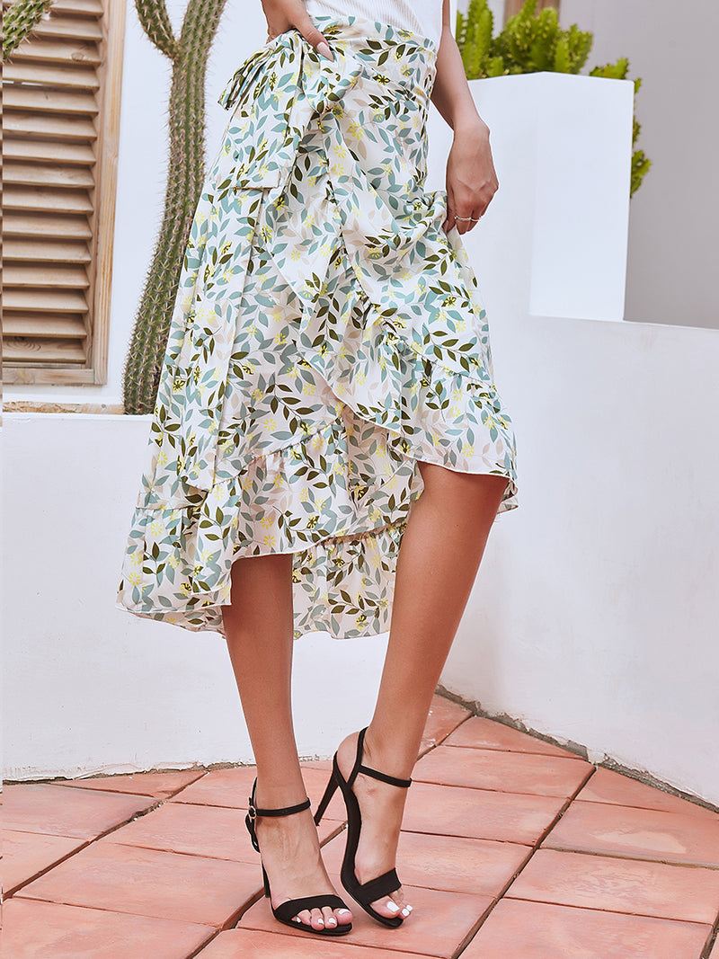 Floral Print Wrap Ruffle  High Waist Flowy Midi Skirt with Slit