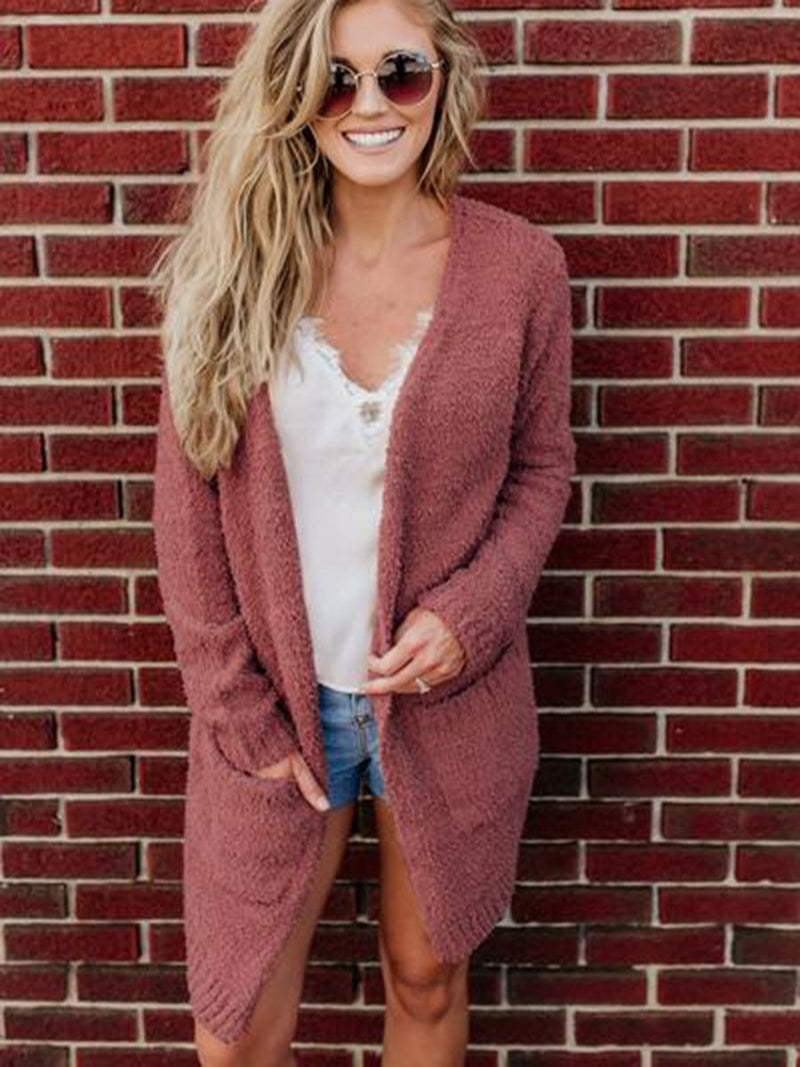 Open Front Large Pockets Long Sleeves Cardigan