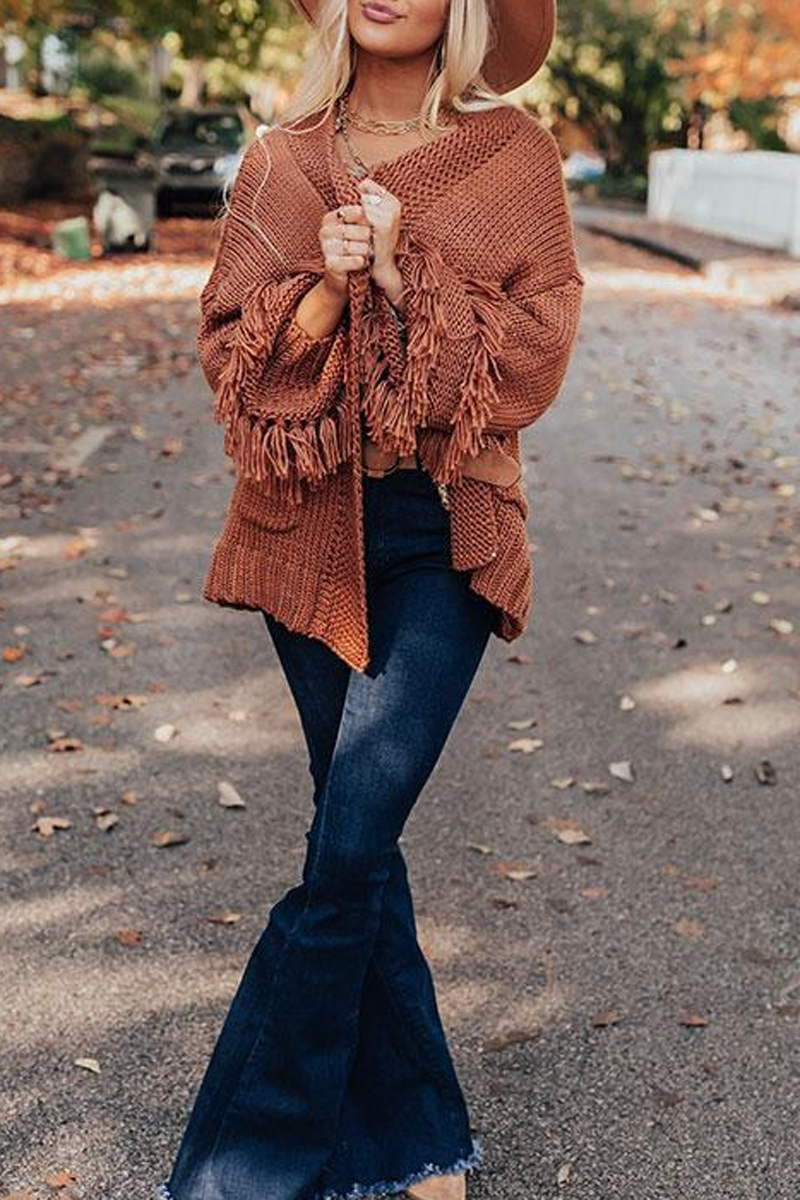 Solid Double Pockets Tassel Cardigan