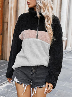 Color Matching Plush Half-zip Lapel Sweatshirt