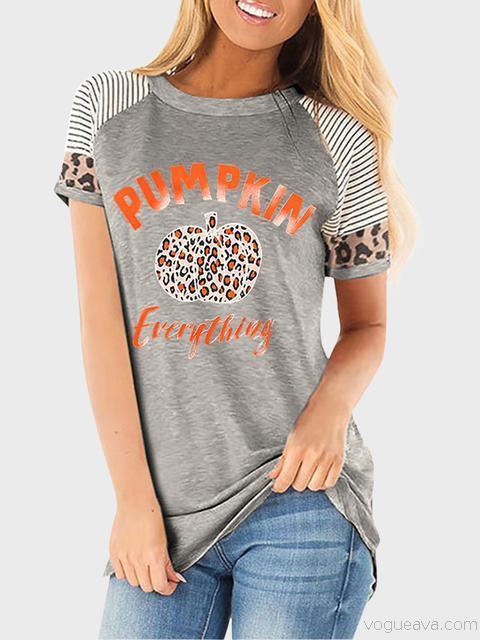 Halloween Stripes Leopard Pumpkin Print T-shirt