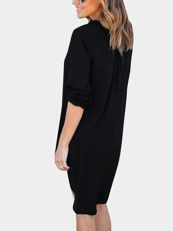 Black V-neck Long Sleeves Irregular hem Chiffon Dress - Landing Closet