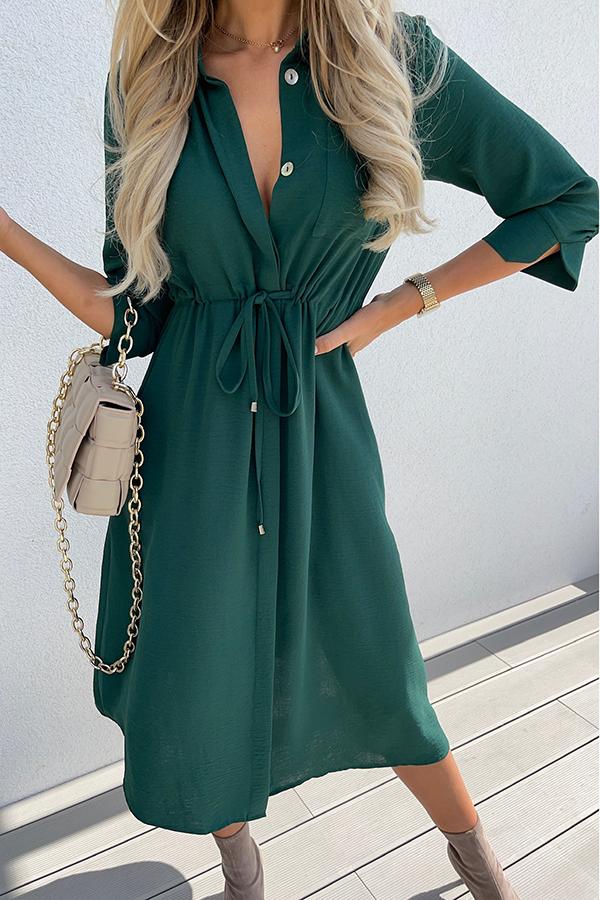 Drawstring Waist Button Midi Dress