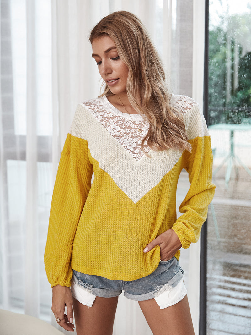 Lace Neck Long Sleeve Pullover