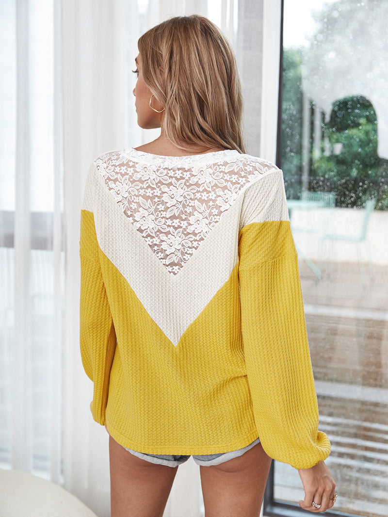 Lace Neck Long Sleeve Pullover