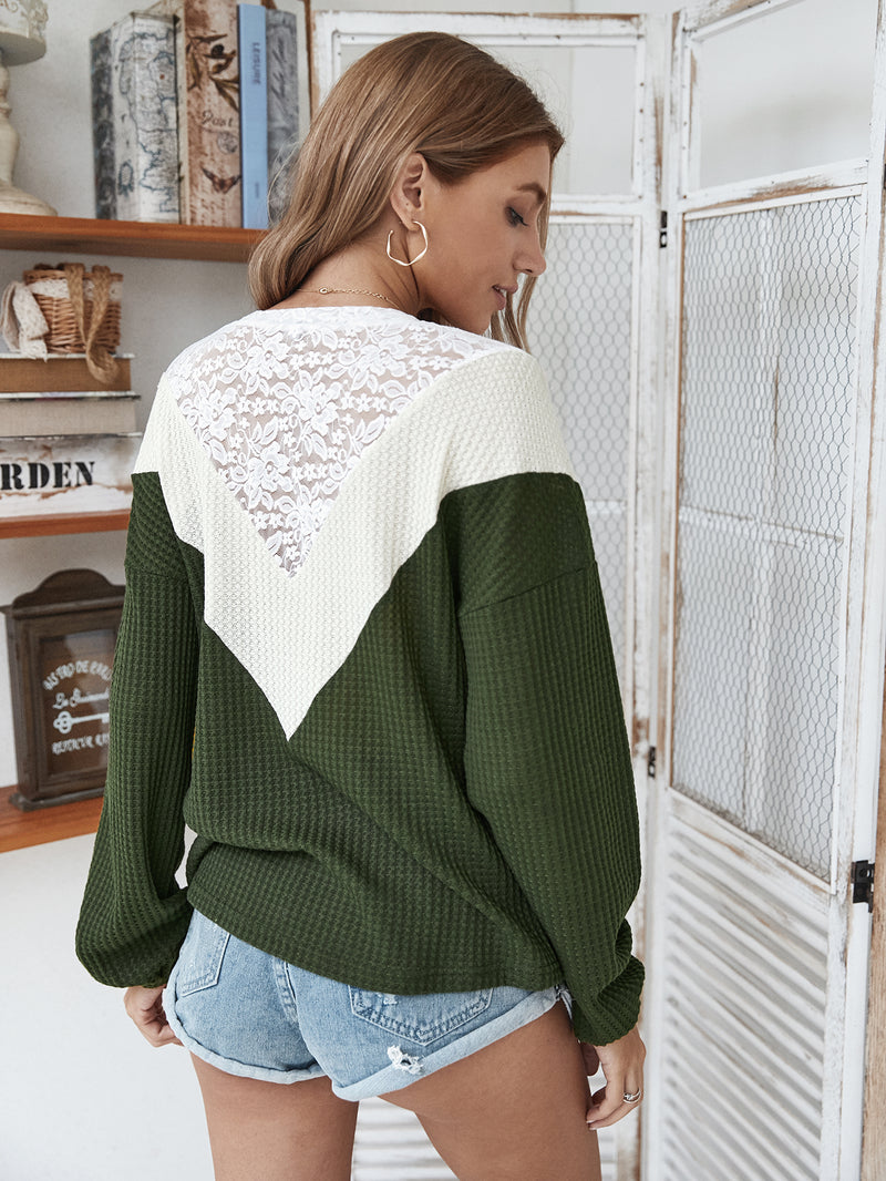 Lace Neck Long Sleeve Pullover