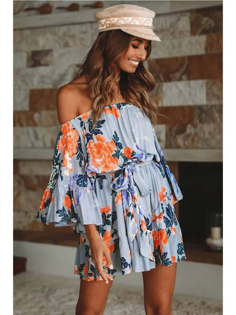 Flared Sleeve Floral Off Shoulder Backless Mini Dress - Landing Closet