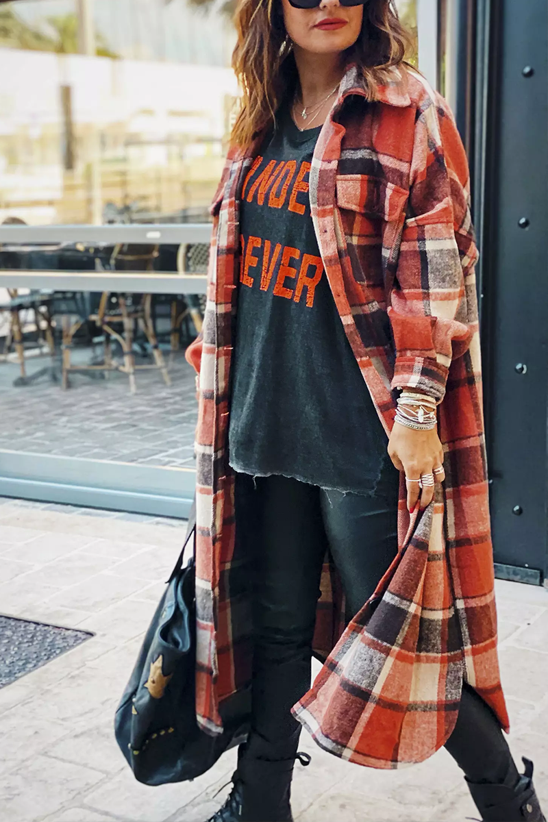 Lapel Plaid Print Woolen Long Coat