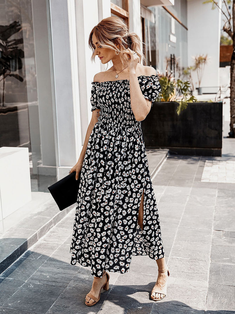 Floral Off Shoulder Split Swing Midi Dress