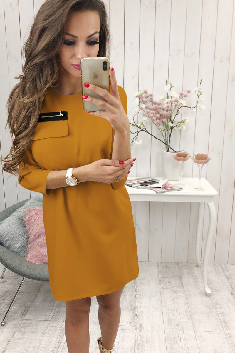 Black 3/4 Length Sleeve Plain Casual Crew Neck Mini Dress - Landing Closet