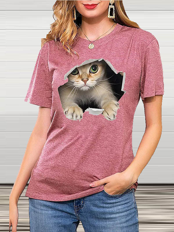 Crew Neck Short Sleeve Cat Print T-Shirt