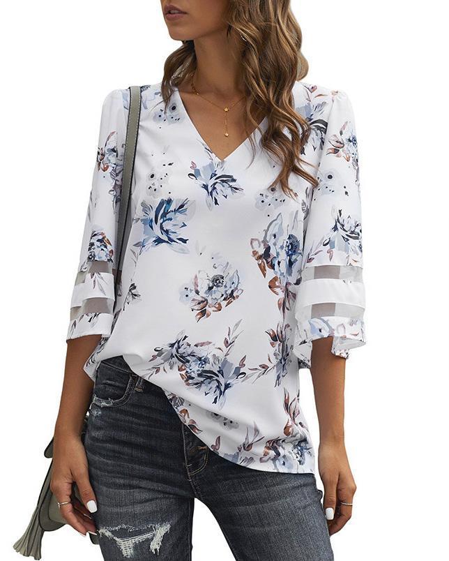 Floral Print V Neck Blouse (3 Color