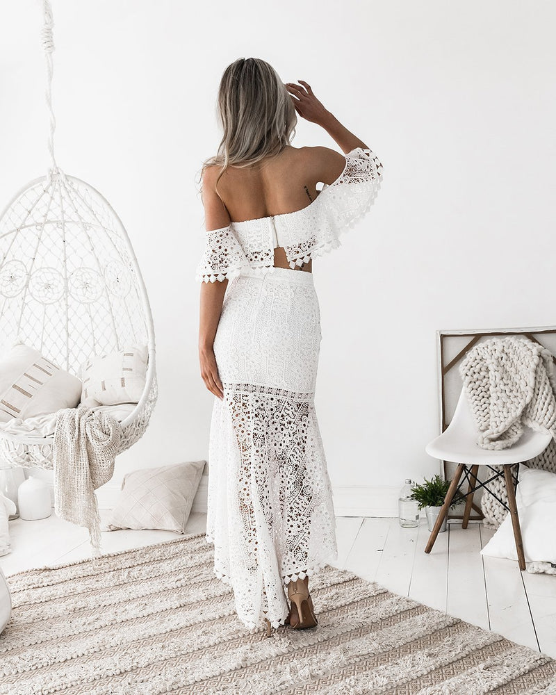 Lace Off Shoulder Crop Top High Low Skirt 2 Piece Set