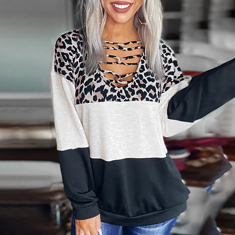 Casual V Neck Long Sleeve Leopard Top