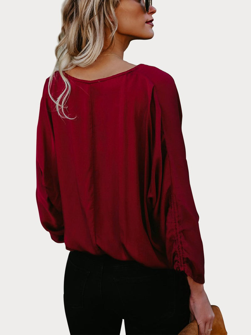 DarkRed Button Down V Neck Casual Blouse - Landing Closet