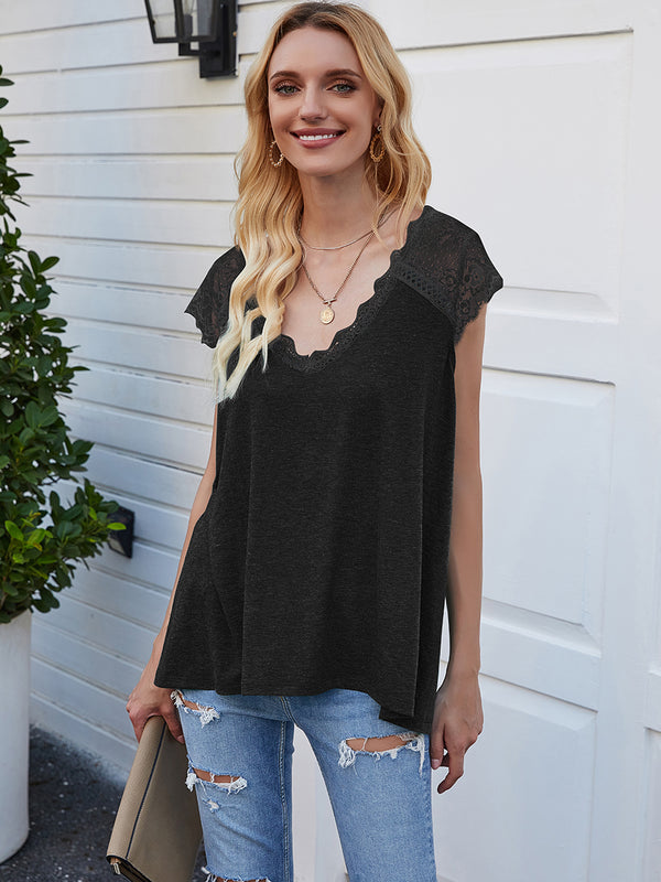 Lace Short Sleeve V-Neck Tops