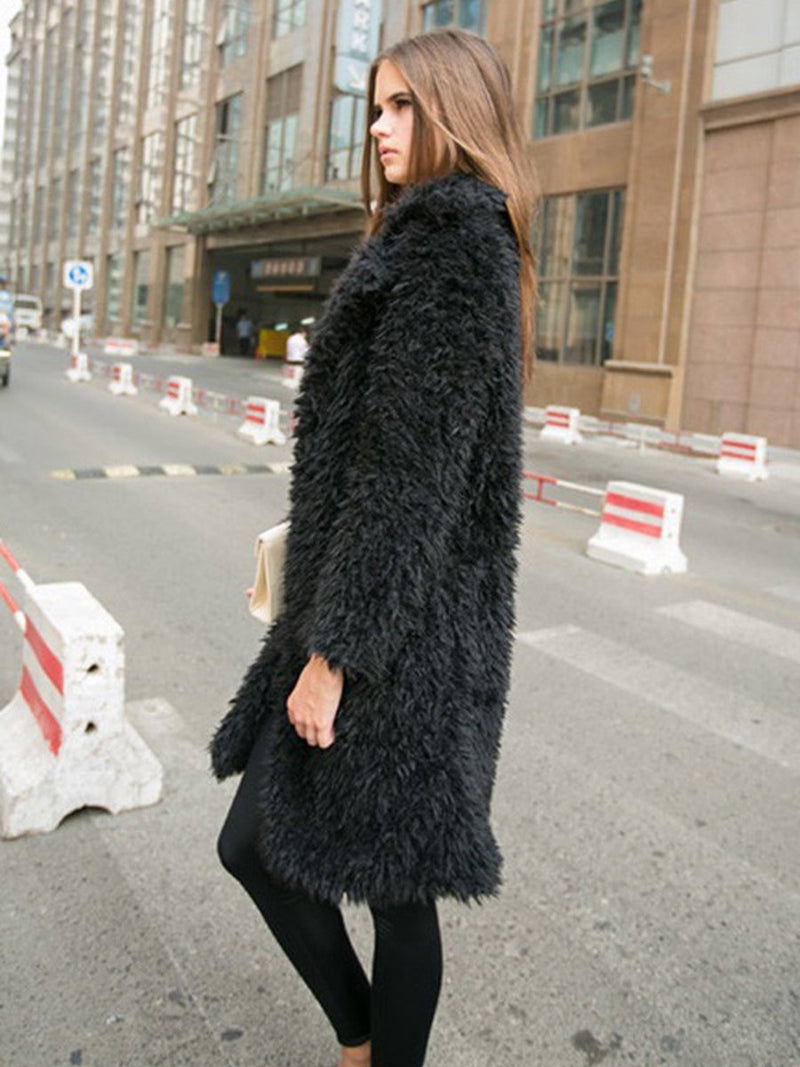 Long Sleeves Plush Lapel Collar Long Coat