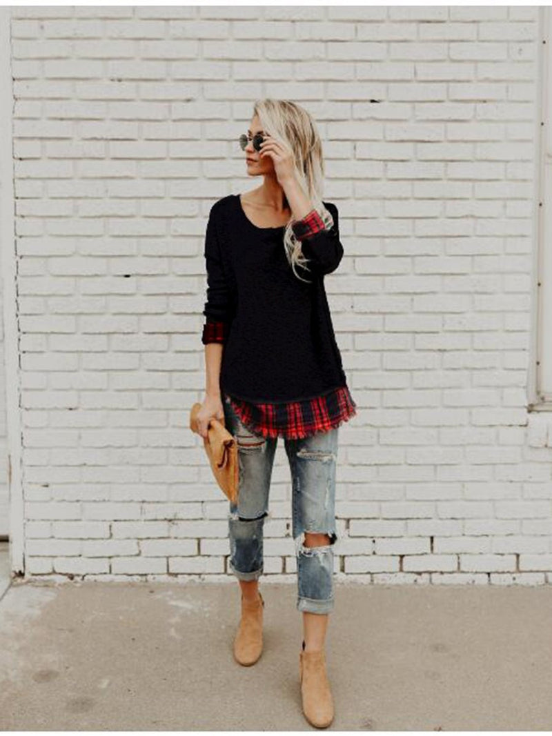 Stitching Plaid Round Neck Long Sleeves T-shirt