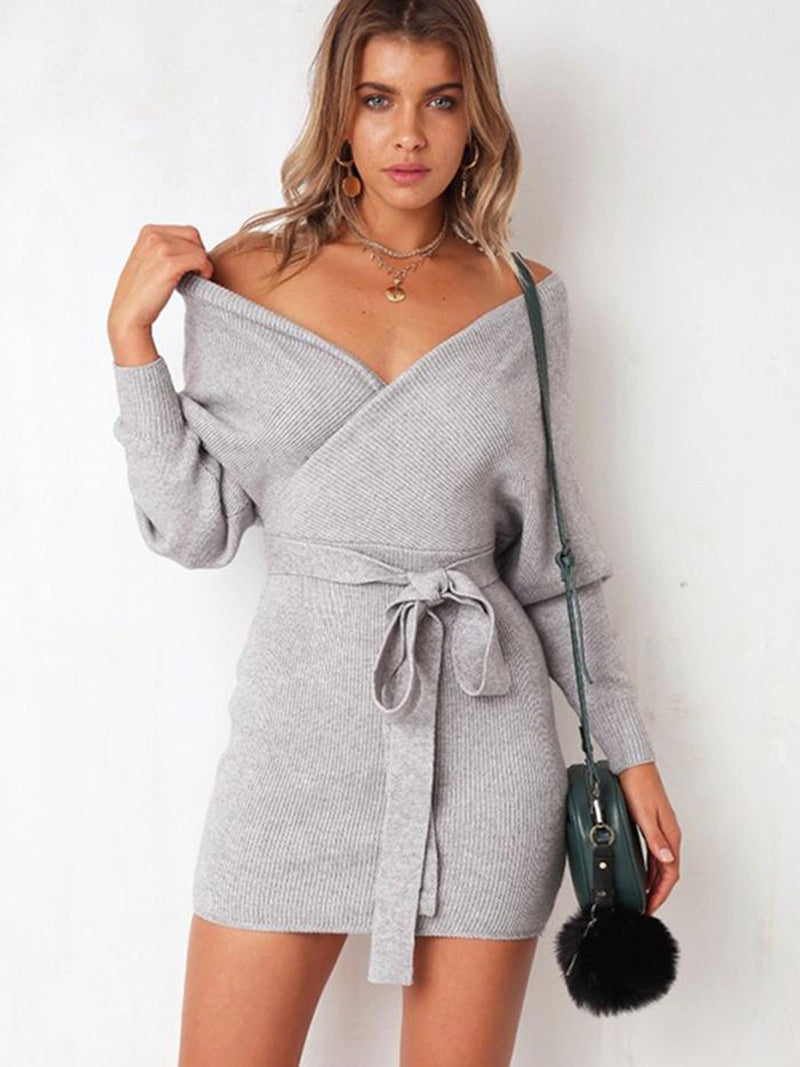 V-neck Knit Waist Belt Long Sleeves Sweater Dress